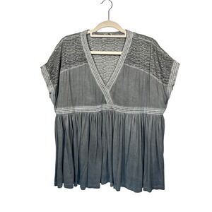 POL Gray Crochet Trim Surplice Babydoll Top - Size M‎ - Eyelet Accents